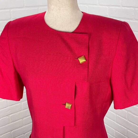 Kasper ASL Dress Women 8 Pink Woven Asymmetical Gold Button Classic 80s VTG - Picture 2 of 12